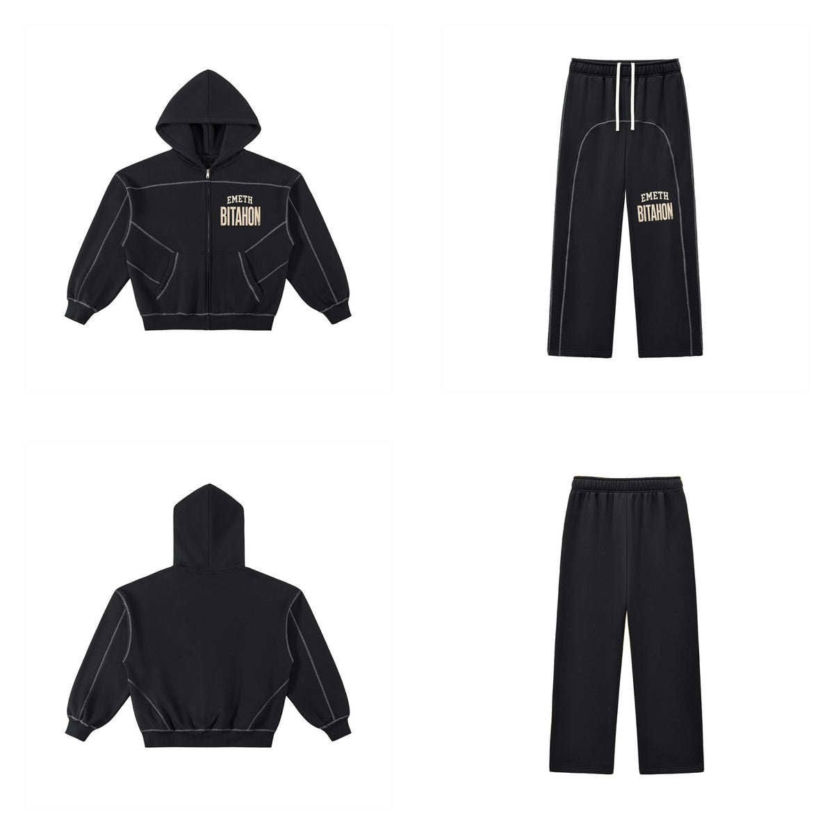 Ensemble EMETH Bitahon Heavyweight 350g Noir — hoodie zippé et pantalon oversize, devant et dos