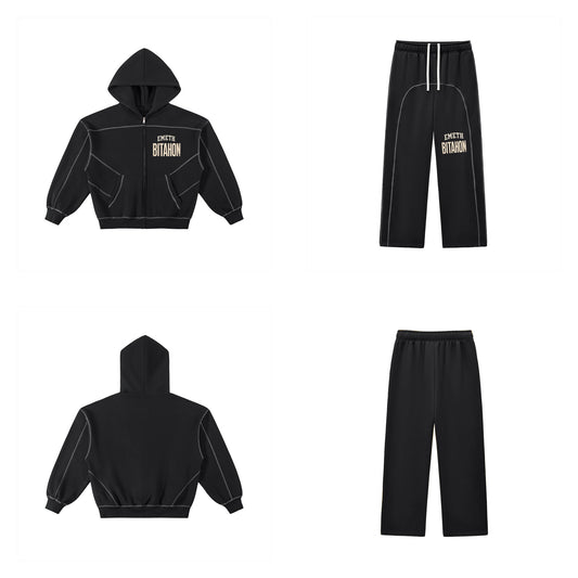 Ensemble EMETH Bitahon Heavyweight 350g Noir — hoodie zippé et pantalon oversize, devant et dos