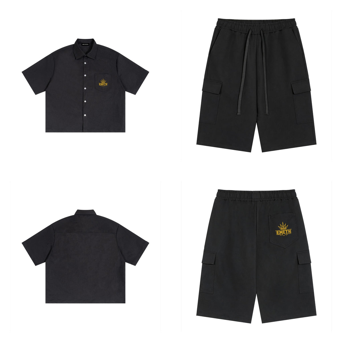 Ensemble Crown Noir — chemise devant et dos, short cargo assorti