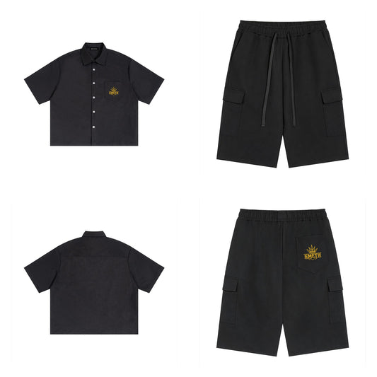 Ensemble Crown Noir — chemise devant et dos, short cargo assorti