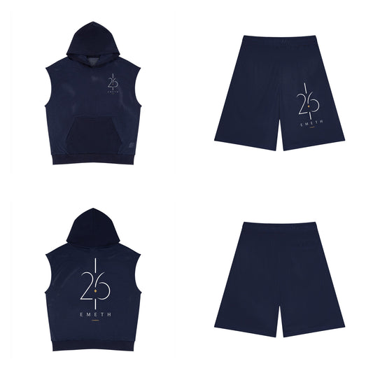Ensemble 26 Performance Bleu marine — hoodie sans manches devant et dos, short mesh assorti
