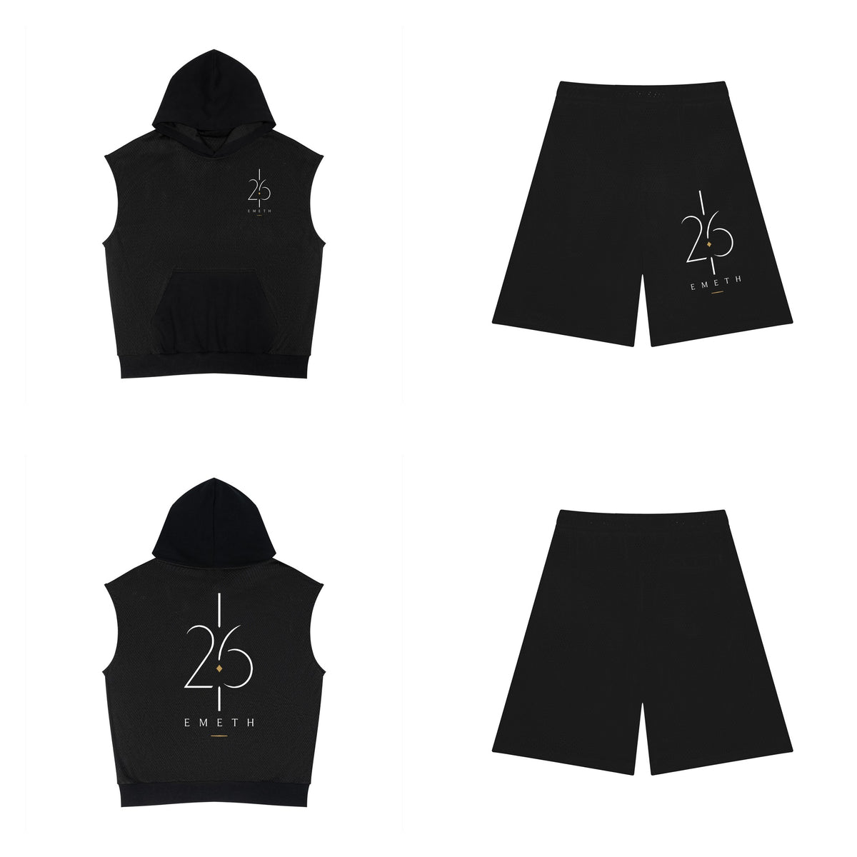 Ensemble 26 Performance Noir — hoodie sans manches devant et dos, short mesh assorti