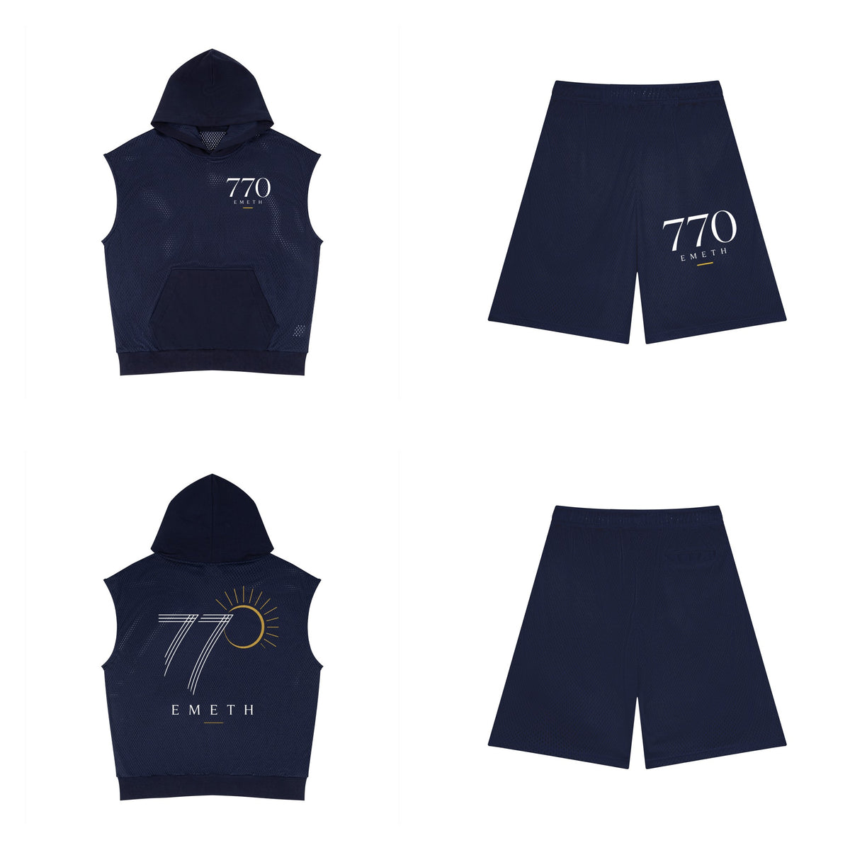Ensemble 770 Performance Bleu marine — hoodie sans manches devant et dos, short mesh assorti