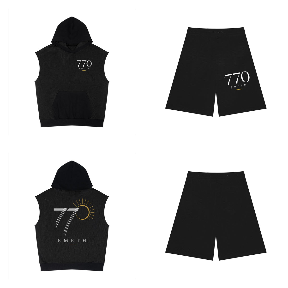 Ensemble 770 Performance Noir — hoodie sans manches devant et dos, short mesh assorti