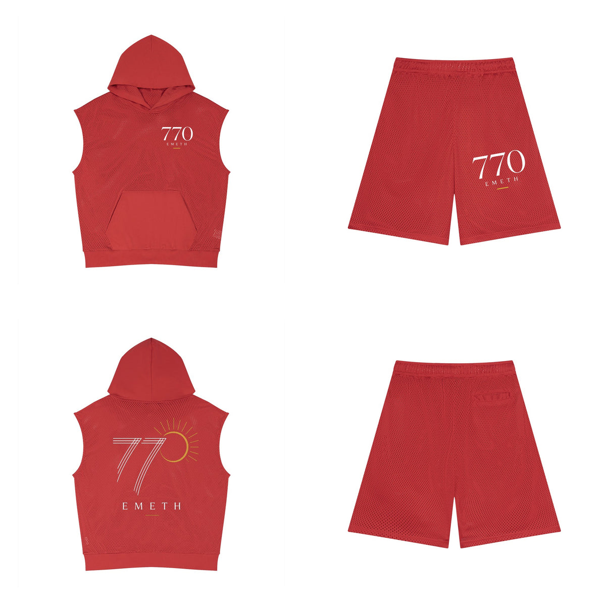 Ensemble 770 Performance Rouge — hoodie sans manches devant et dos, short mesh assorti