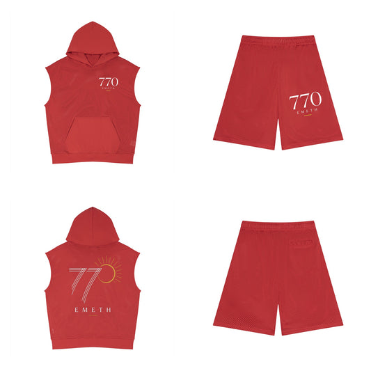 Ensemble 770 Performance Rouge — hoodie sans manches devant et dos, short mesh assorti
