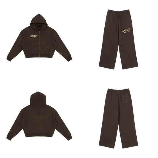Ensemble Signature Marron — zip hoodie devant et dos, sweatpants assorti