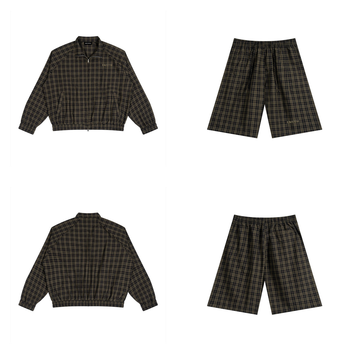 Ensemble Tartan Noir — veste Harrington devant et dos, short assorti