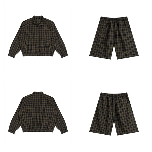 Ensemble Tartan Noir — veste Harrington devant et dos, short assorti
