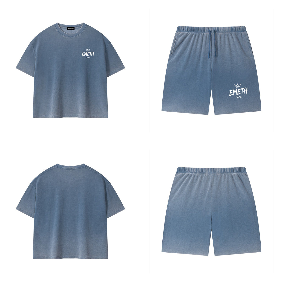 Ensemble Essential Washed Bleu — t-shirt devant et dos, short assorti
