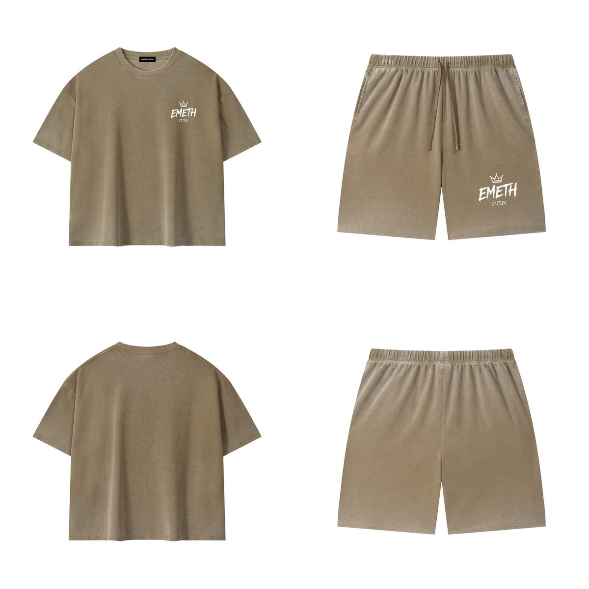 Ensemble Essential Washed Café clair — t-shirt devant et dos, short assorti
