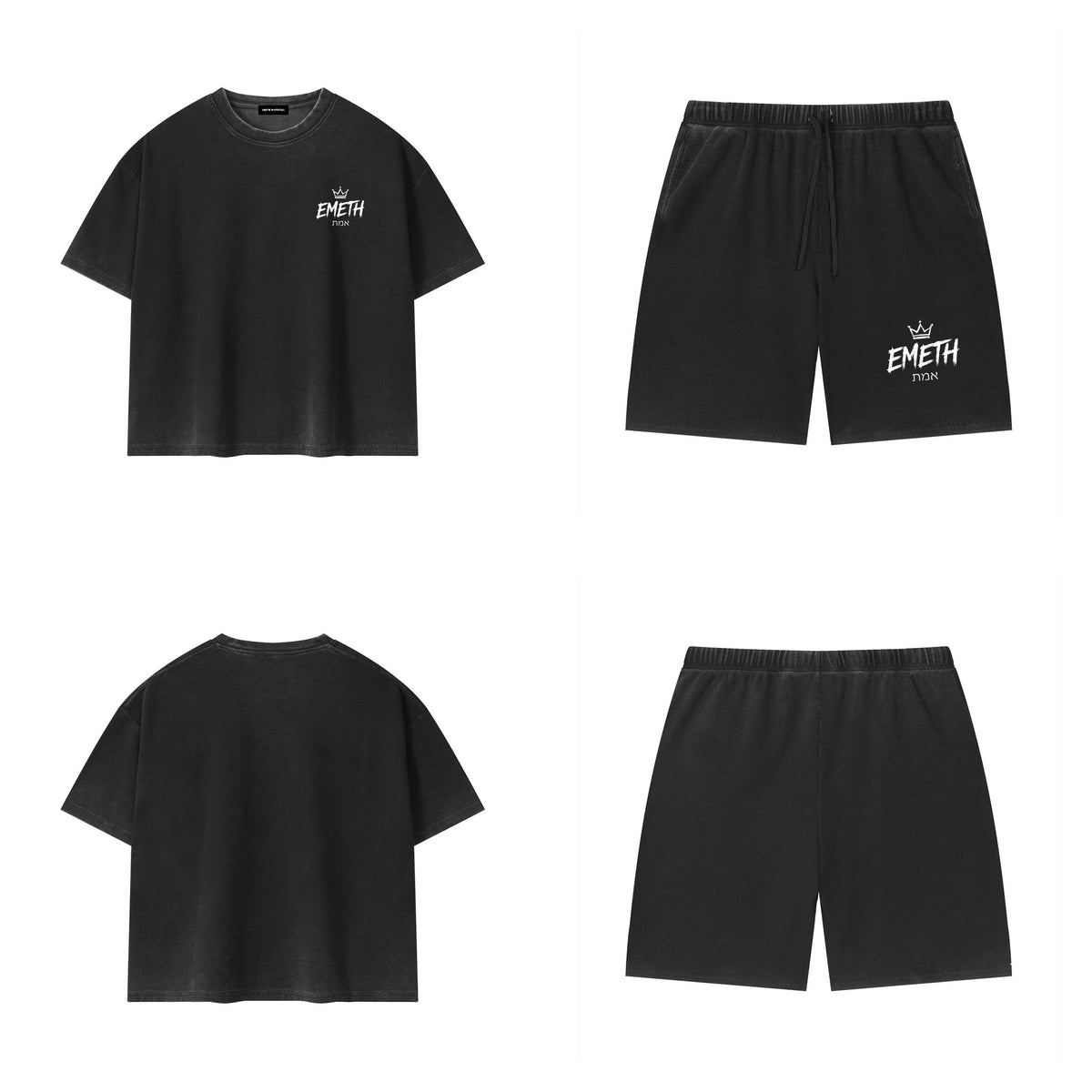 Ensemble Essential Washed Noir — t-shirt devant et dos, short assorti