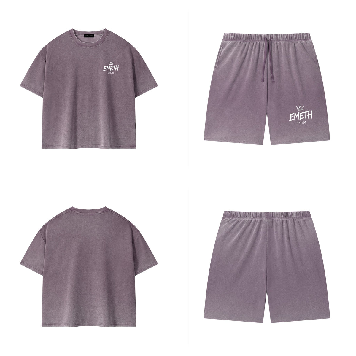 Ensemble Essential Washed Violet prune — t-shirt devant et dos, short assorti
