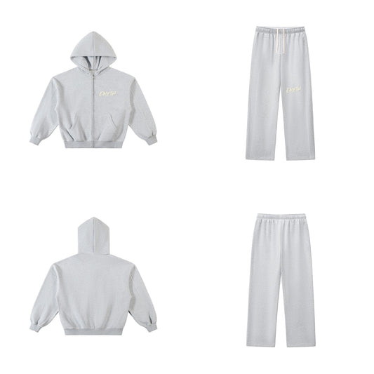 Ensemble EMETH Essentials 350g Oversize Gris chiné — hoodie zippé et jogger wide leg, devant et dos