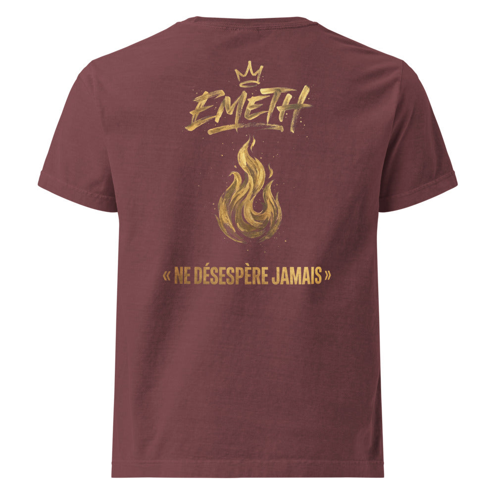 EMETH Ne Désespère Jamais — dos Bordeaux délavé