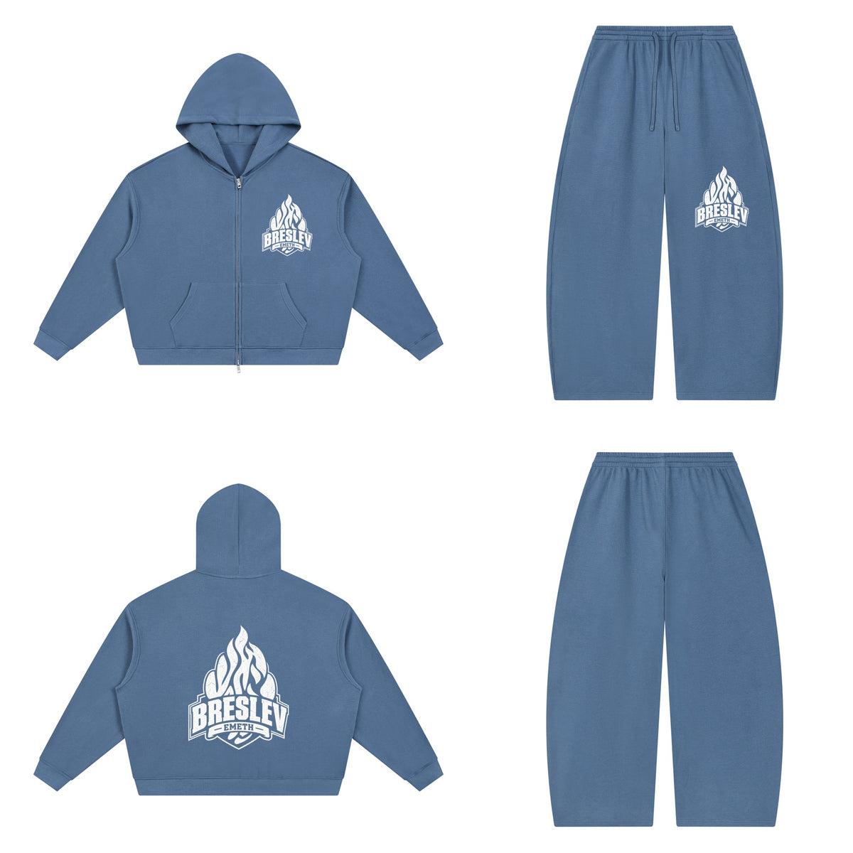 Ensemble Waffle Breslev 148 Bleu Jean — hoodie devant et dos, pantalon assorti
