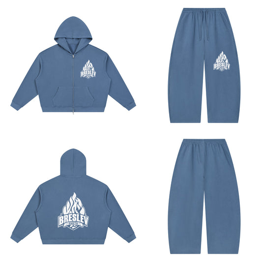 Ensemble Waffle Breslev 148 Bleu Jean — hoodie devant et dos, pantalon assorti