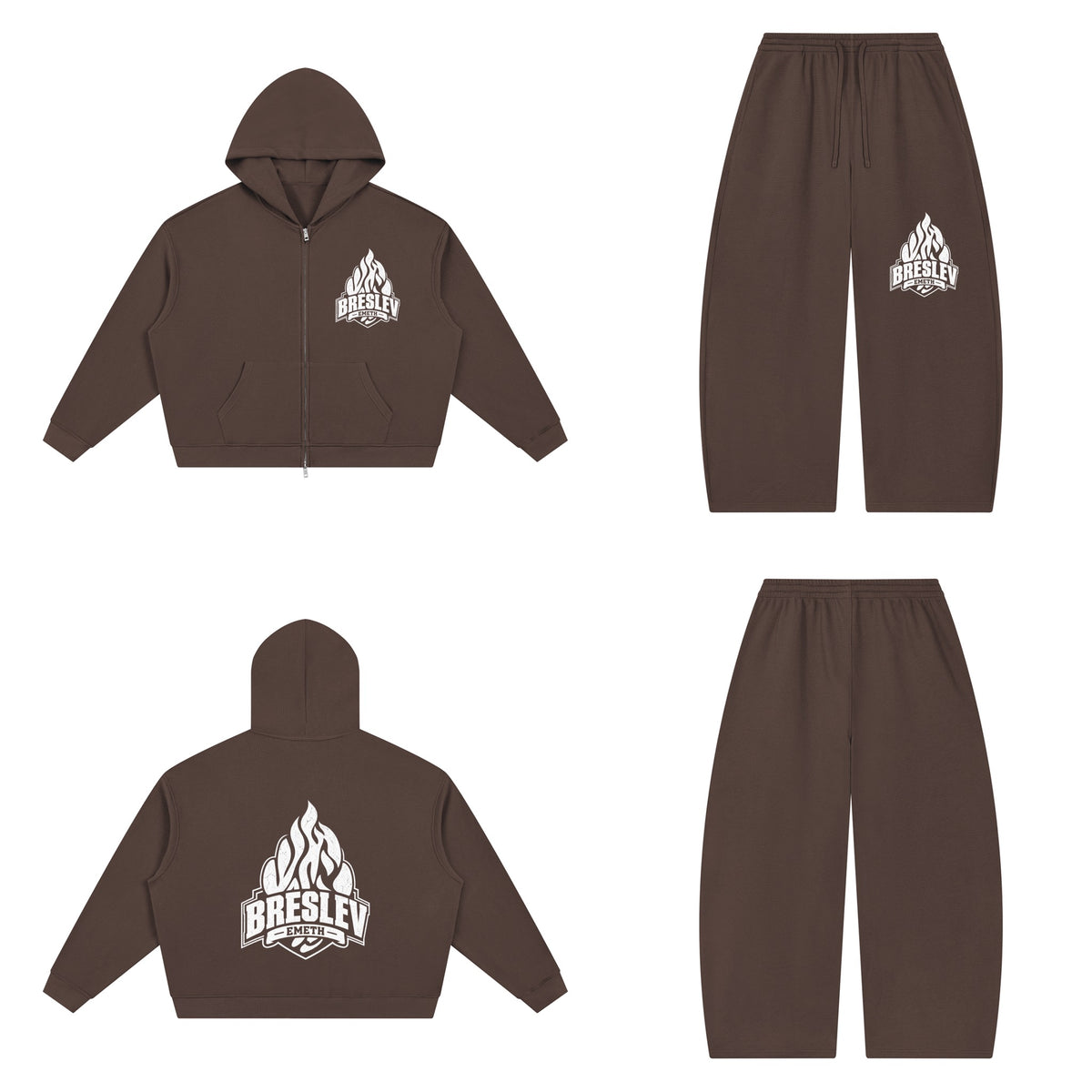 Ensemble Waffle Breslev 148 Café — hoodie devant et dos, pantalon assorti