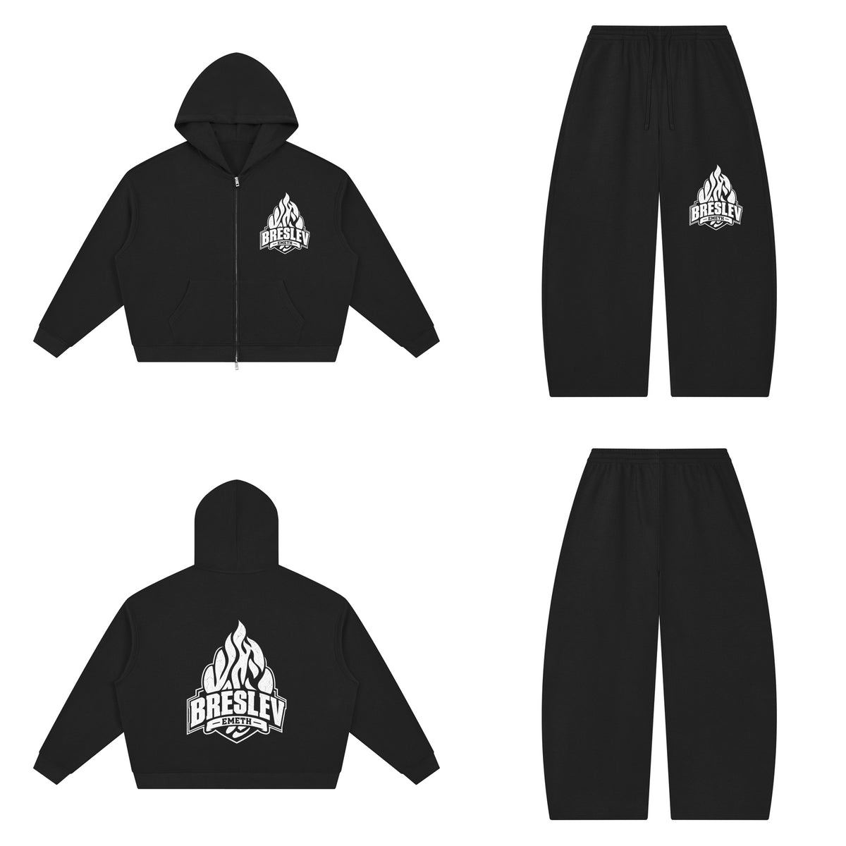 Ensemble Waffle Breslev 148 Noir — hoodie devant et dos, pantalon assorti