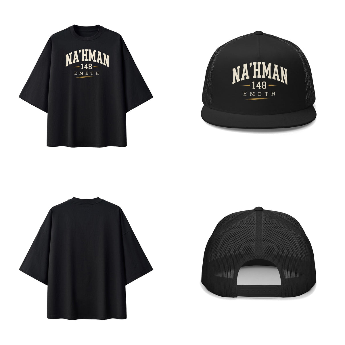 Ensemble EMETH NA'HMAN 148 Noir — t-shirt oversize et casquette trucker, devant et dos