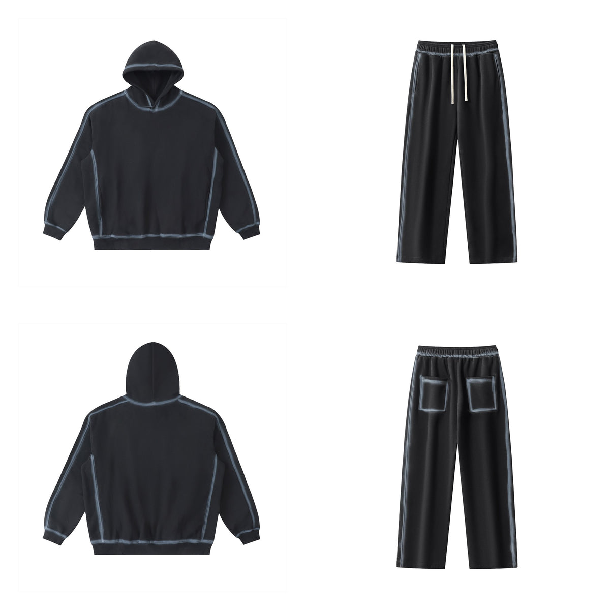 Ensemble EMETH Washed Sun Fade Noir délavé — hoodie oversize et jogger, devant et dos
