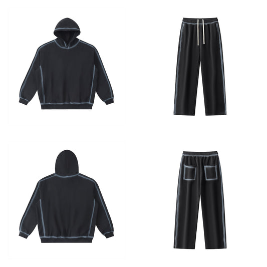 Ensemble EMETH Washed Sun Fade Noir délavé — hoodie oversize et jogger, devant et dos
