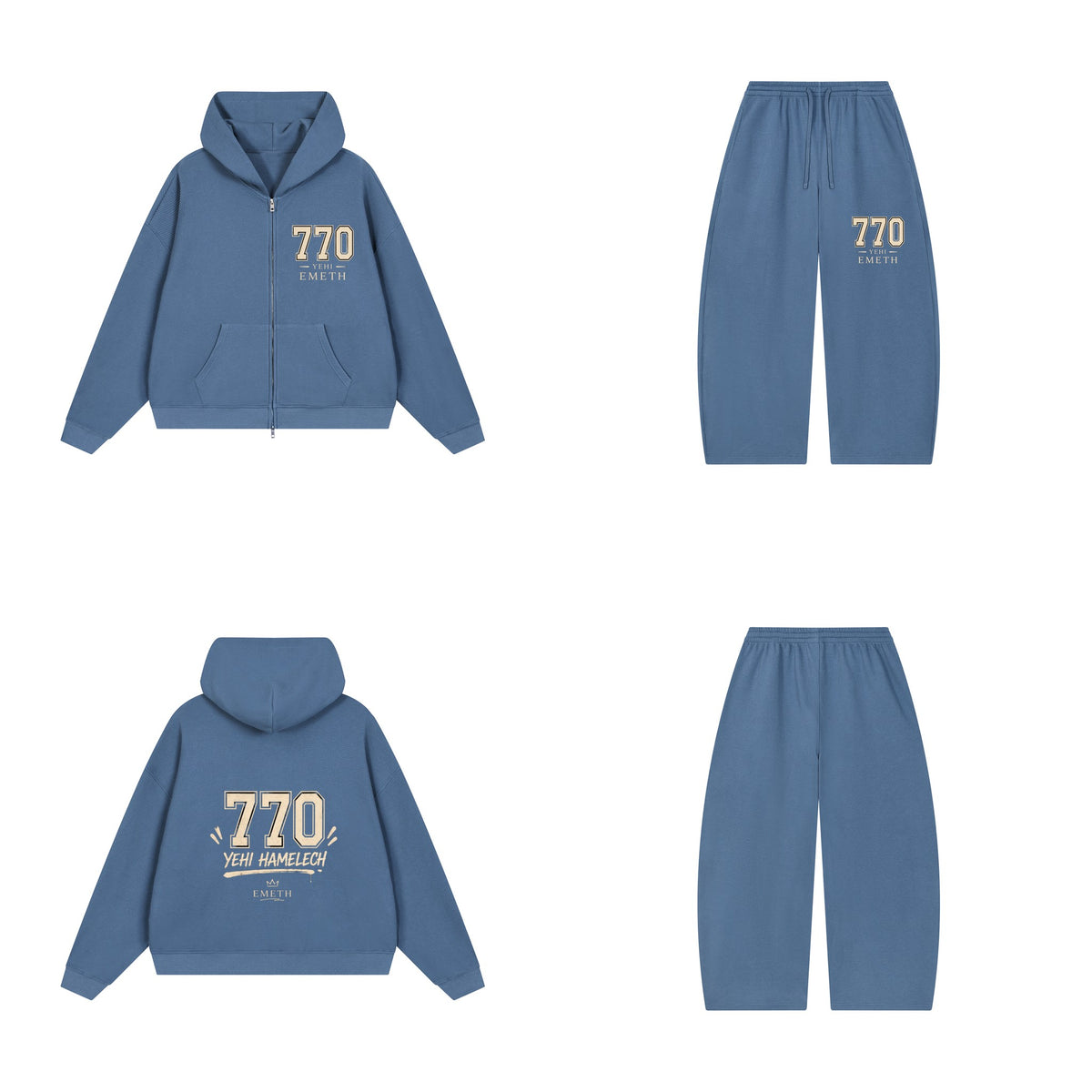 Ensemble EMETH 770 Yehi Hamelech Bleu jean — sweat et pantalon, devant et dos
