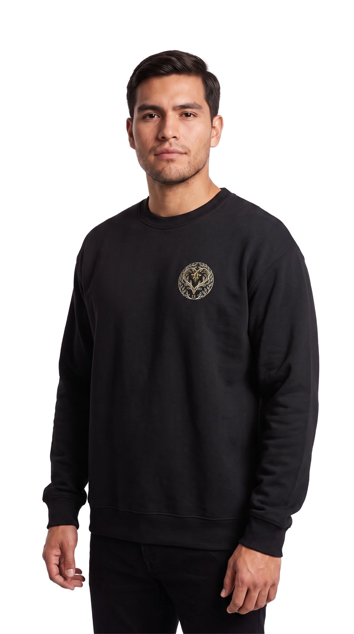 Sweat col rond EMETH 13 Ahava Lev Echad noir porté, vue de face avec médaillon cœur 13 sur la poitrine