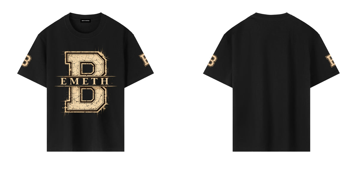 T-shirt EMETH Classic Varsity B noir à plat, devant et dos