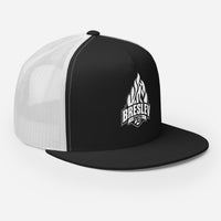 Casquette trucker EMETH 148 Flamme Breslev noir et blanc, trois quarts droite