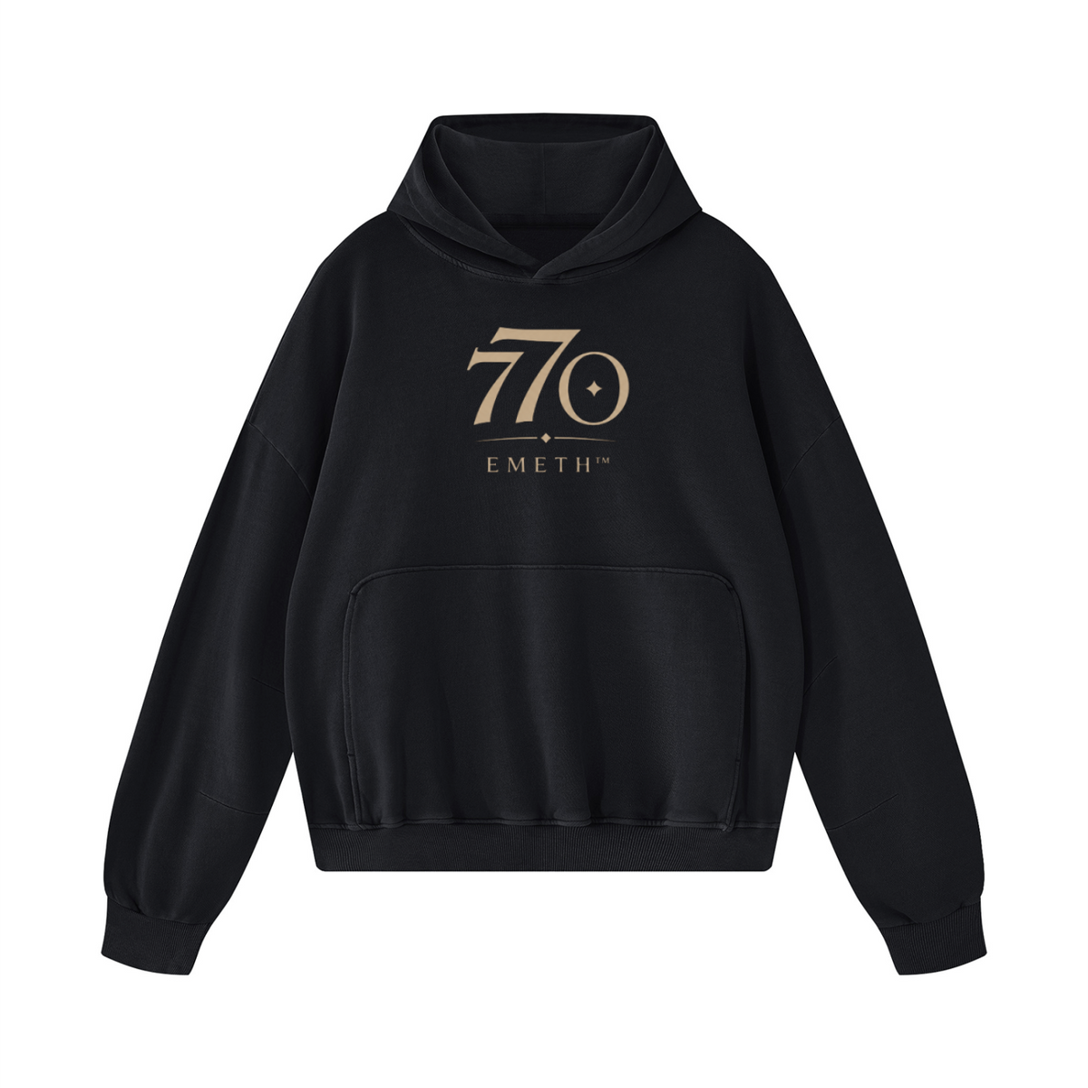 Hoodie boxy noir délavé EMETH 770 — devant, 770 EMETH