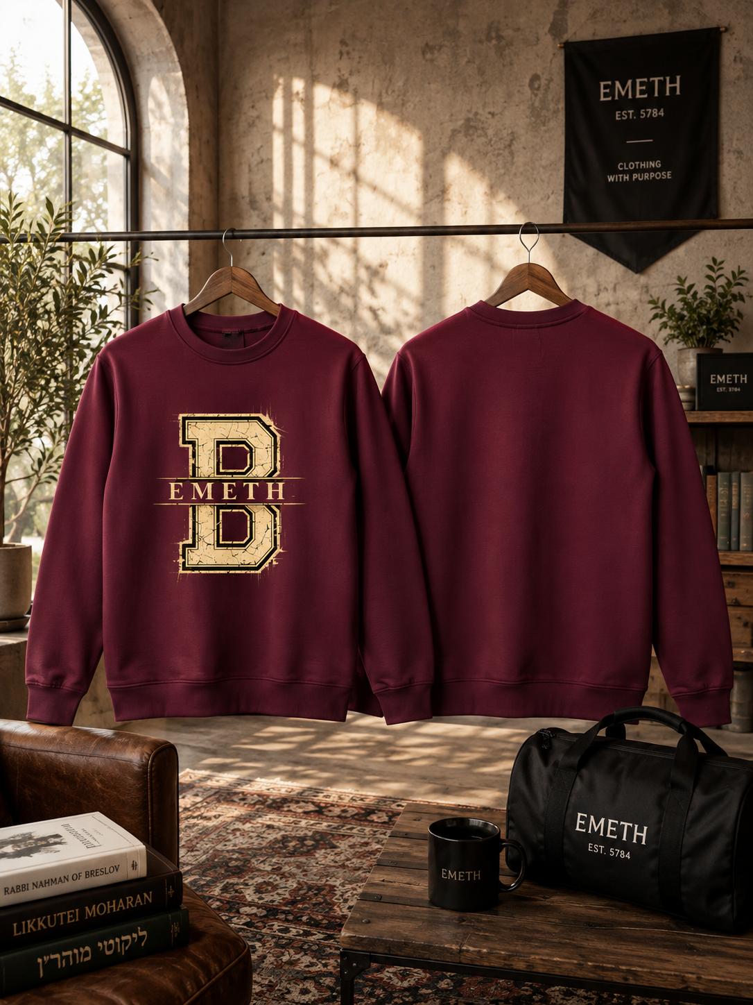 Sweat col rond EMETH Classic Varsity B rouge foncé sur cintres, devant et dos
