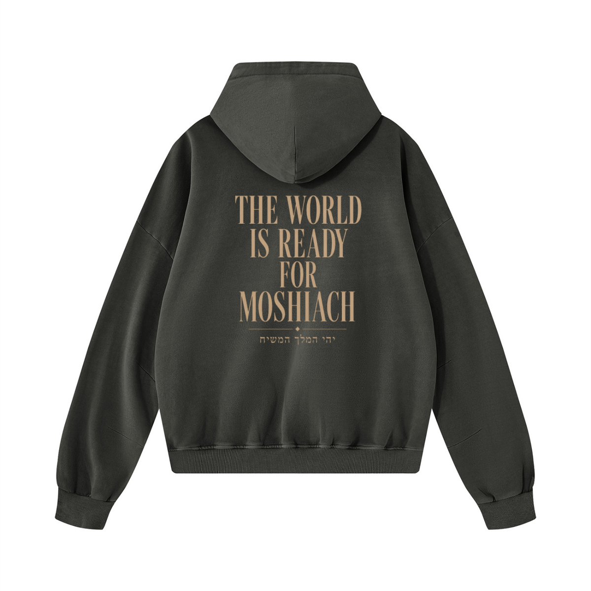 Hoodie boxy gris foncé EMETH — dos, THE WORLD IS READY FOR MOSHIACH