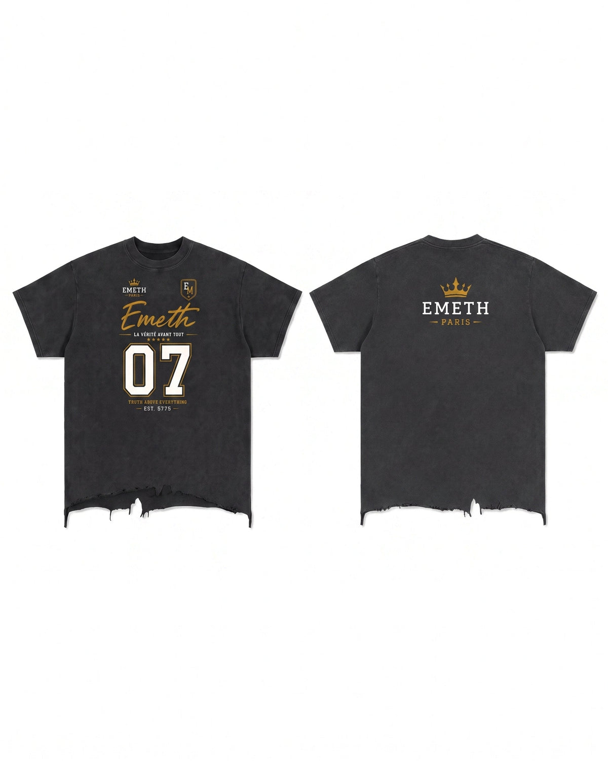 T-shirt EMETH 07 La Vérité Avant Tout noir délavé à plat, devant et dos