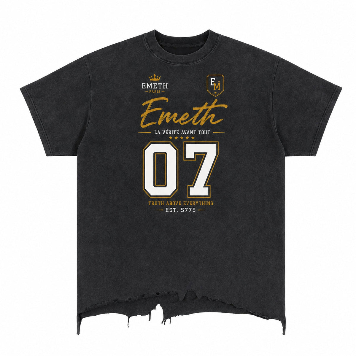 T-shirt EMETH 07 La Vérité Avant Tout, devant : 07 varsity blanc et or, bas effiloché