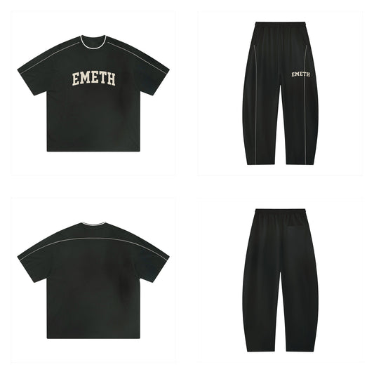 Ensemble EMETH Signature Collegiate Noir — t-shirt raglan et jogger, devant et dos