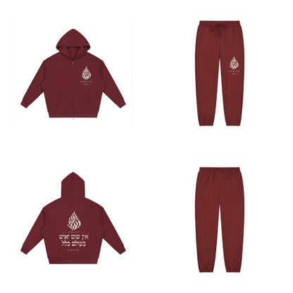 EMETH 148 Ensemble Hoodie Zippé + Jogger - Rouge Foncé