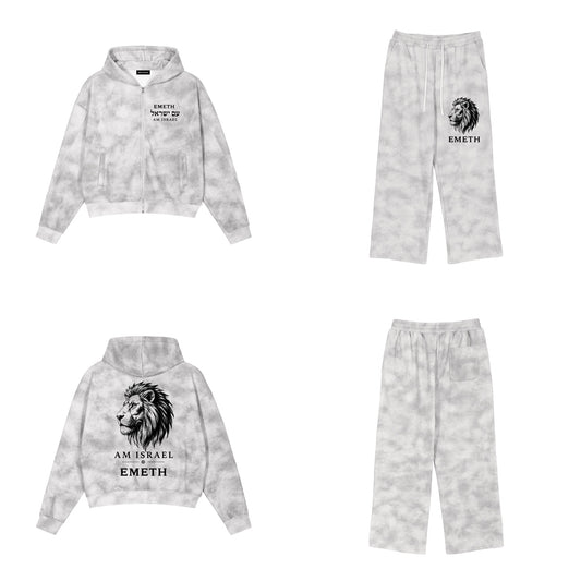 Ensemble Am Israel Gris chiné — zip hoodie devant et dos, sweatpants assorti