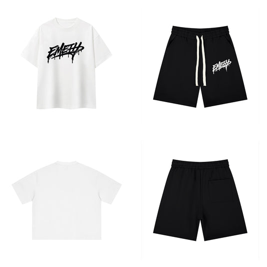 Ensemble Essentials Heavyweight — t-shirt 400G blanc devant et dos, short 380G noir devant et dos