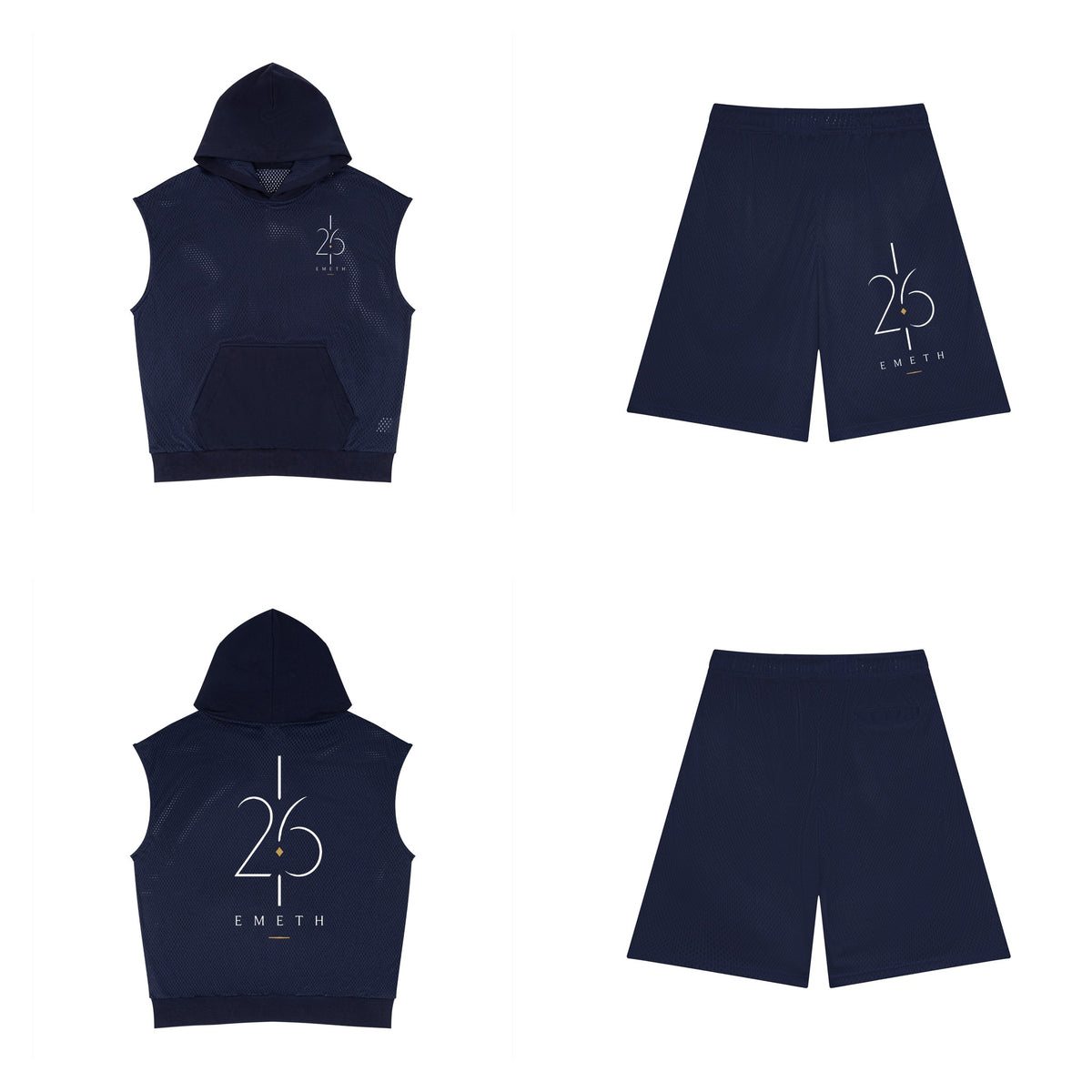 Ensemble 26 Performance Bleu marine — hoodie sans manches devant et dos, short mesh assorti