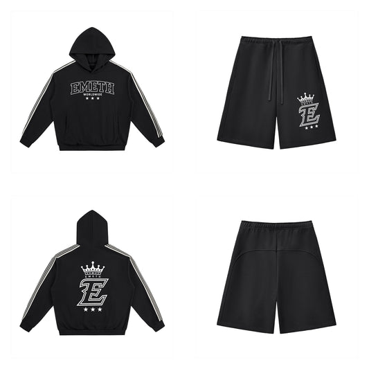 Ensemble Worldwide Noir — hoodie devant et dos, short assorti