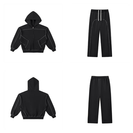 Ensemble EMETH Essentials 350g Noir — hoodie zippé et jogger wide leg, devant et dos