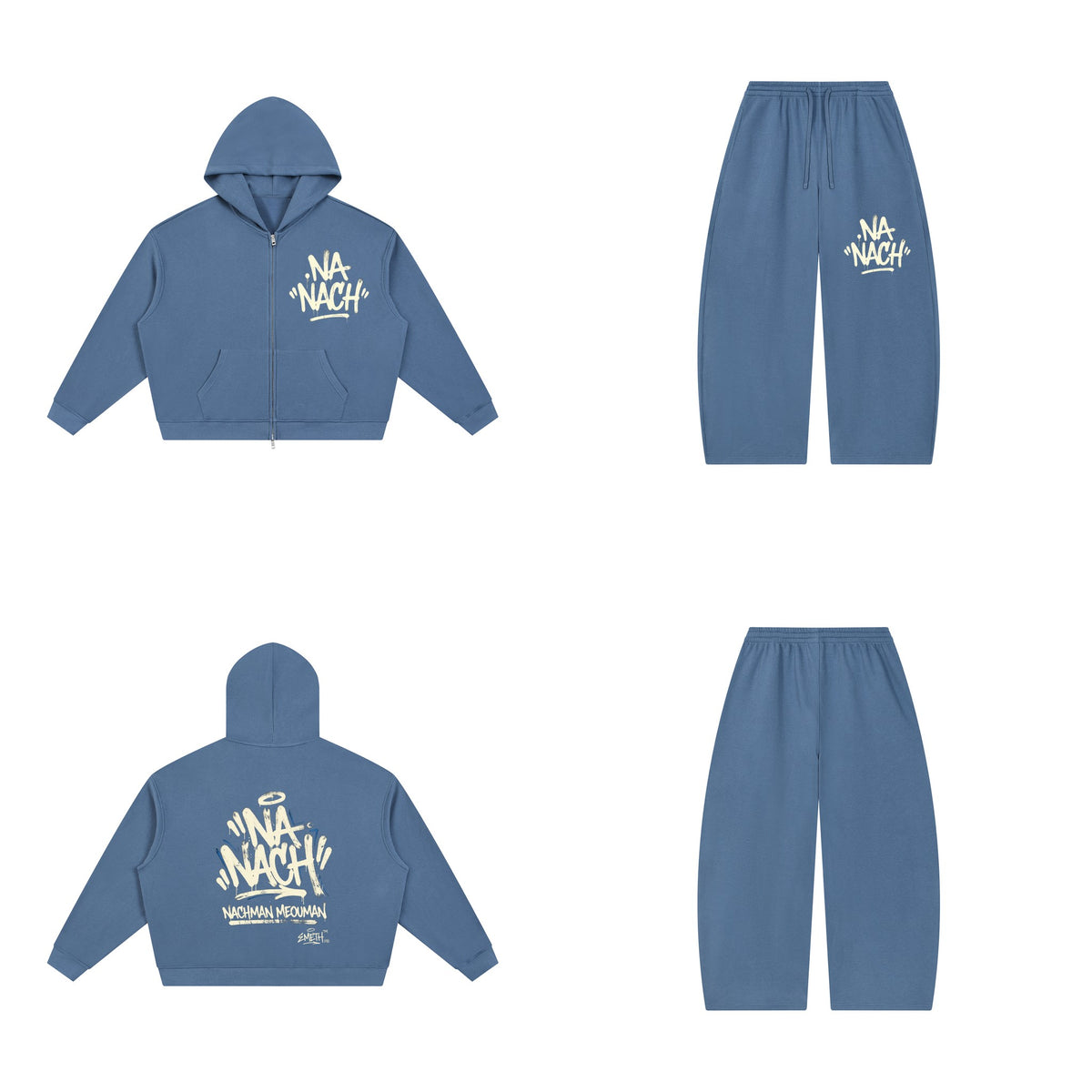Ensemble EMETH NA'NACH Graffiti Bleu jean — sweat et pantalon, devant et dos