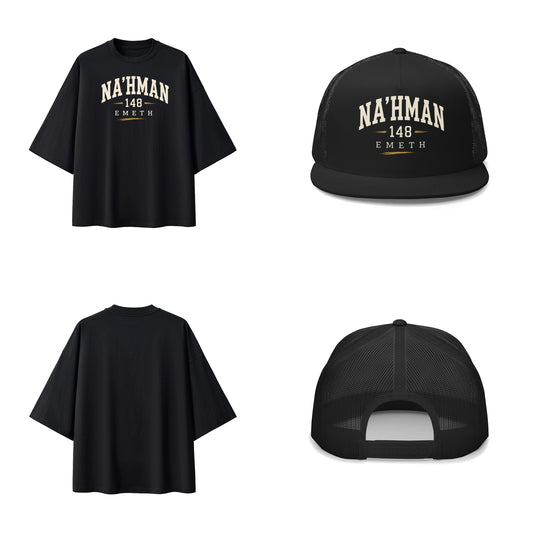 Ensemble EMETH NA'HMAN 148 Noir — t-shirt oversize et casquette trucker, devant et dos