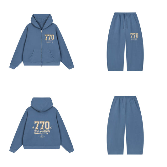 Ensemble EMETH 770 Yehi Hamelech Bleu jean — sweat et pantalon, devant et dos