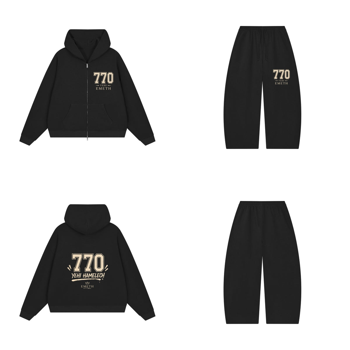 Ensemble EMETH 770 Yehi Hamelech Noir — sweat et pantalon, devant et dos